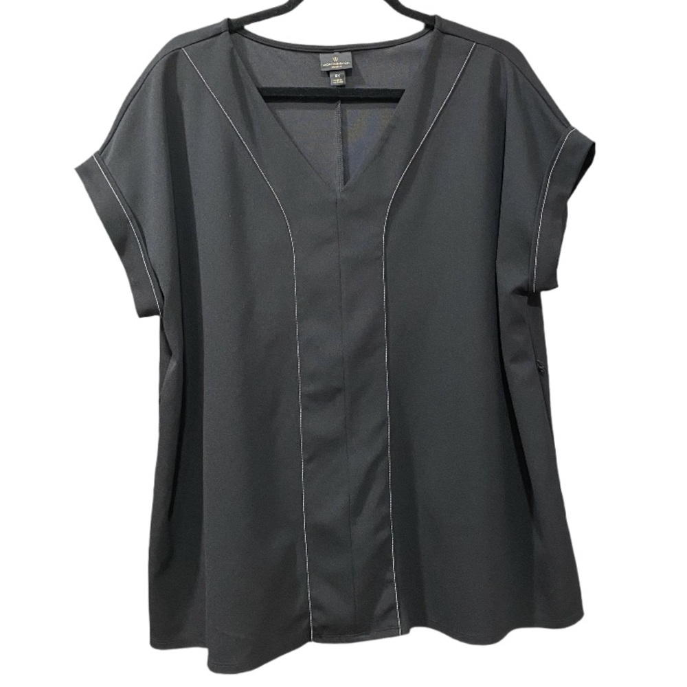 Worthington Black Blouse Size 0X V-Neck Cuffed Sleeves Contrast Stitching Mature